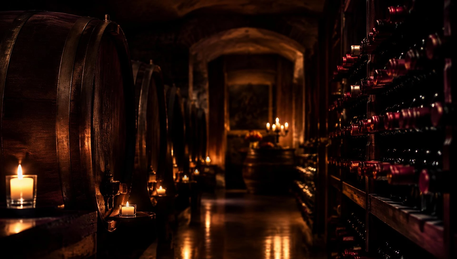 Bouteilles et fûts dans une cave à vin